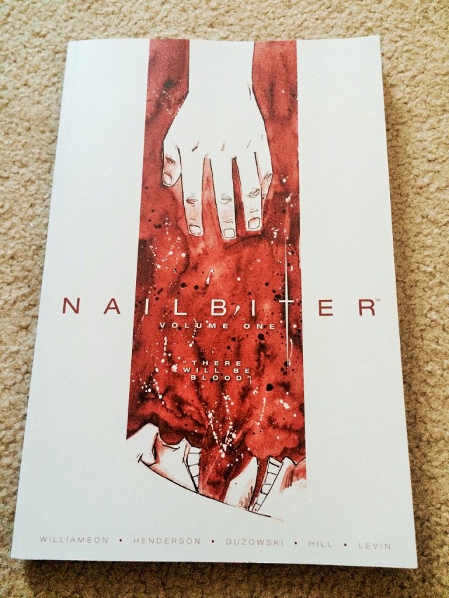 [Image is a graphic novel cover. It's a red background and it says Nailbiter Volme One - There Will Be Blood. The series lists the creators at the bottom: Williamson, Henderson, Guzowski, Hill, and Levin]