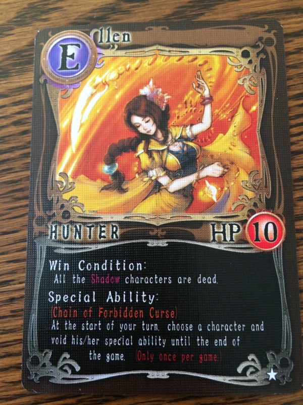 [Image is of a card from the board game shadow hunters. The name of the woman on the card is Ellen and she is listed as a hunter. Ellen has a long braid down her back.]