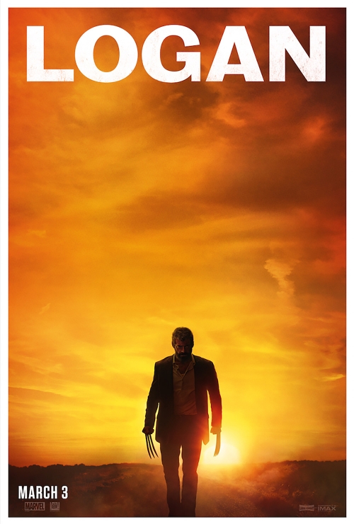 [Image is a movie poster for Logan. It shows a sunrise in the background with a man with claws walking toward the image. At the bottom left, it says March 3rd"