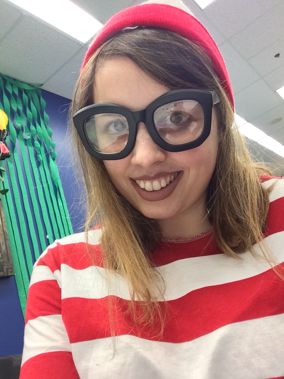 [Image is me wearing a "Where's Waldo" Halloween costume complete with the hat, glasses and the shirt]