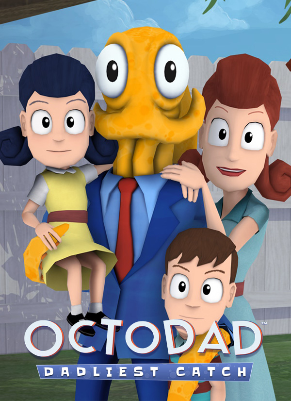 [Image is a video game cover of "Octo Dad Dadliest Catch" It shows an Octopus with his human family]