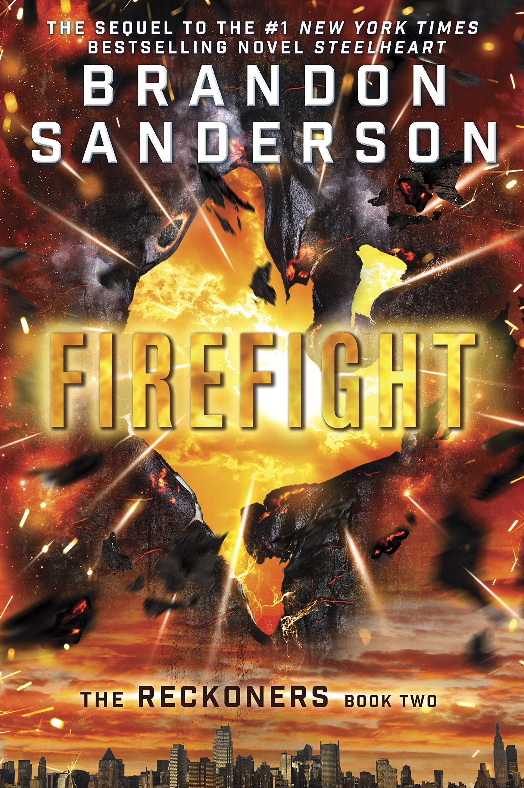 [Image is a book cover. It's bright orange and yellow. It looks like there's a tear in the cover. In the tear, it shows "Firefight" with Brandon Sanderson's name towards the top of the book. At the bottom it says "The Reckoners Book Two"]