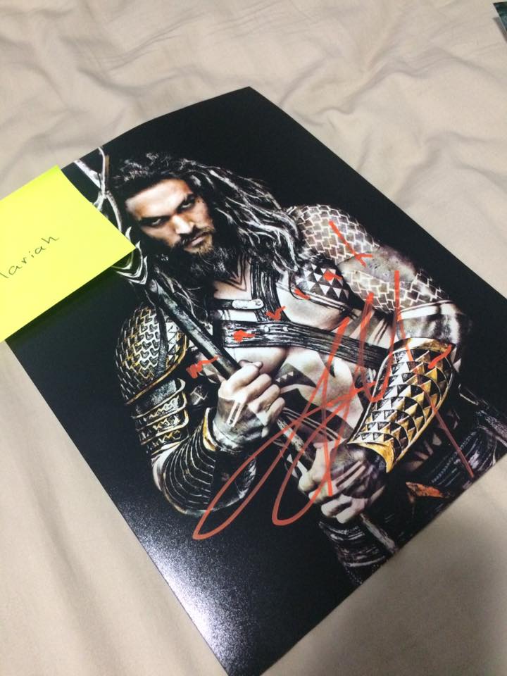 [Image is a photo of Jason Momoa as Aquaman. It's siged in orange with "Mariah" on it]