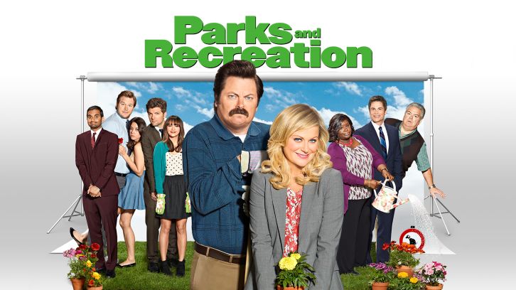 [Image is a promotional poster for Parks & Recreation. It shows all the characters in the background with Ron and Leslie front in center]