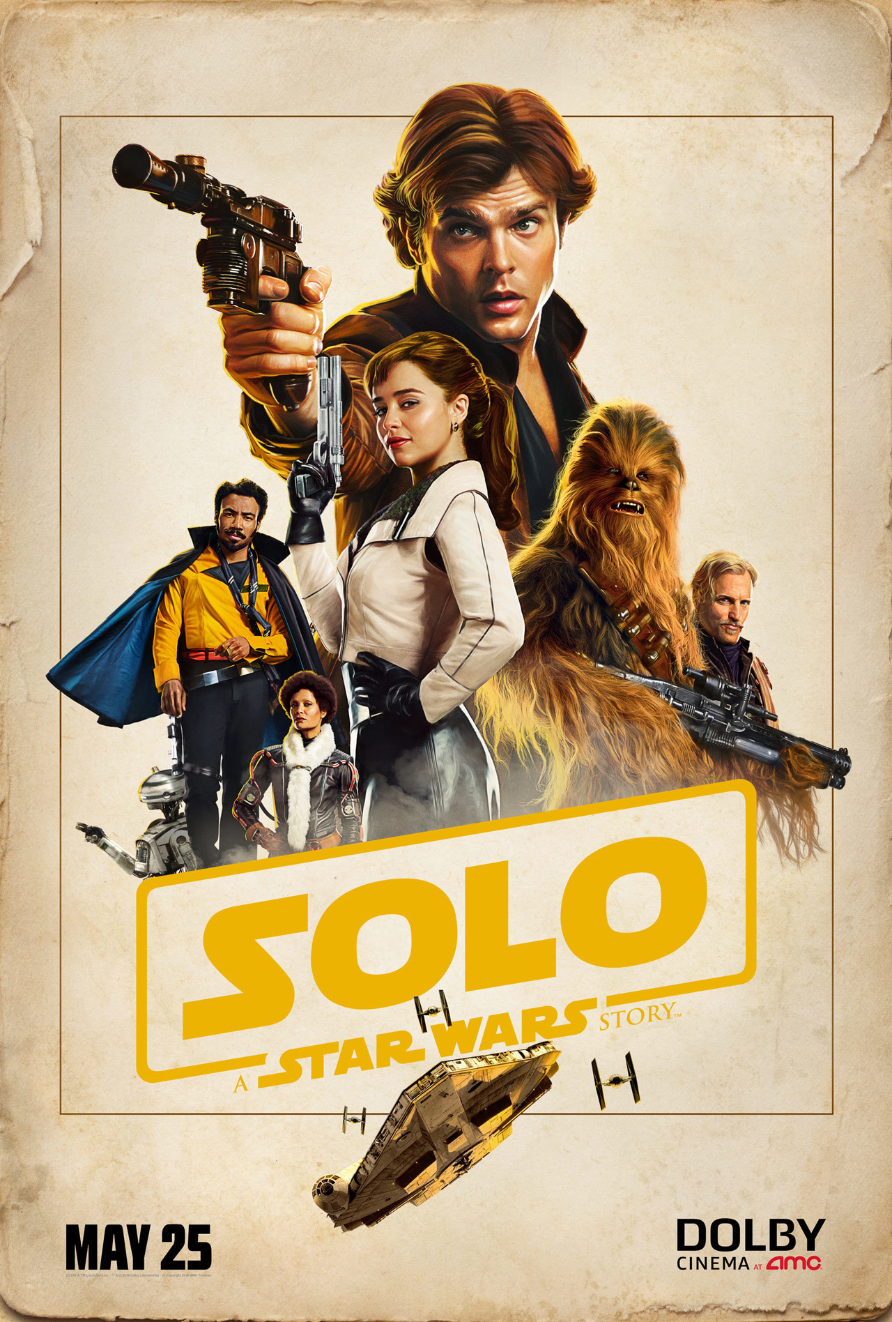 [Image is a Solo movie poster. It shows several characters, including Han with his blaster. The Millenium Falcon is at the bottom]