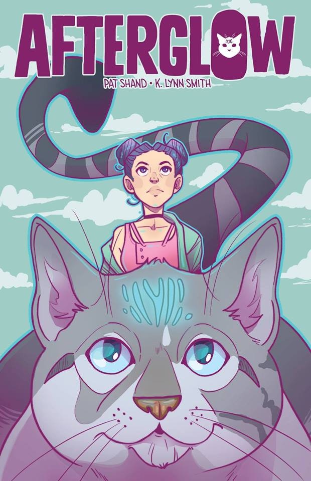 [Image is a graphic novel cover titled After Glow. It shows a woman with blue hair in space buns riding on top of a gigantic gray cat]