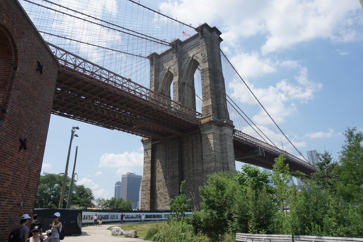 [Image is taken from the ground looking up at the Brooklyn Bridge]