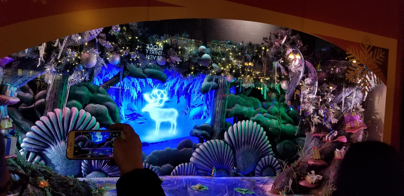 [Image is a window holiday decoration. It shows an ethereal blue stag in a snowy forest]