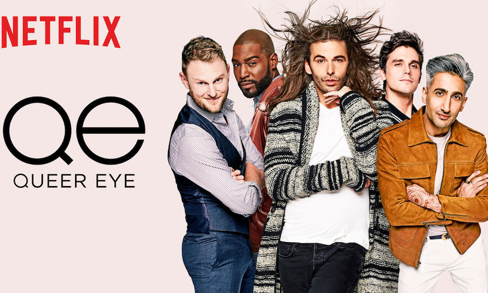 [Image is a promo poster for the show Queer Eye. Netflix's logo is at the top left. There's a big QE down below. There are five of the cast members looking at the camera.]