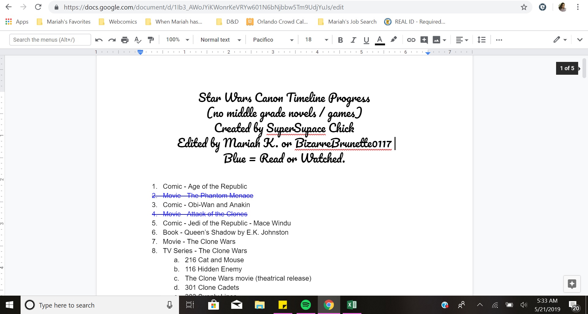 Image is a screenshot from a Google Doc. It says "Star Wars Canon Timeline Progress (no middle grade novels / games) Created by SuperSpace Chick Edited by Mariah. or BizarreBrunette0117. Blue = Read or Watched." 