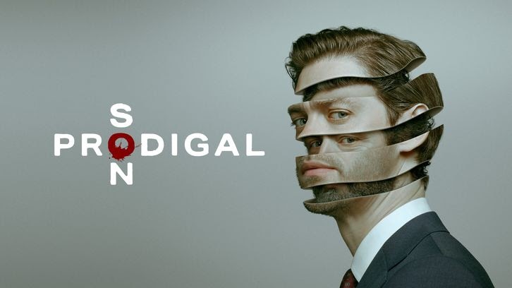Image is a promotional image for the TV show, Prodigal Son. It shows a man and his face is split and overlapped under another man's face.