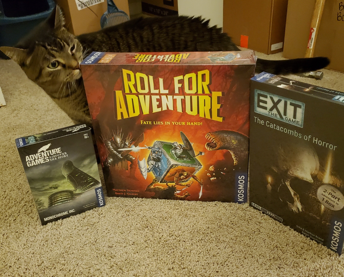 Image is a photo of all three games stacked vertically next to each other. A brown tabby cat is sniffing the Roll for Adventure box. The three games are: Adventure Games Monochrome Inc, Roll for Adventure, and Exit The Game. 