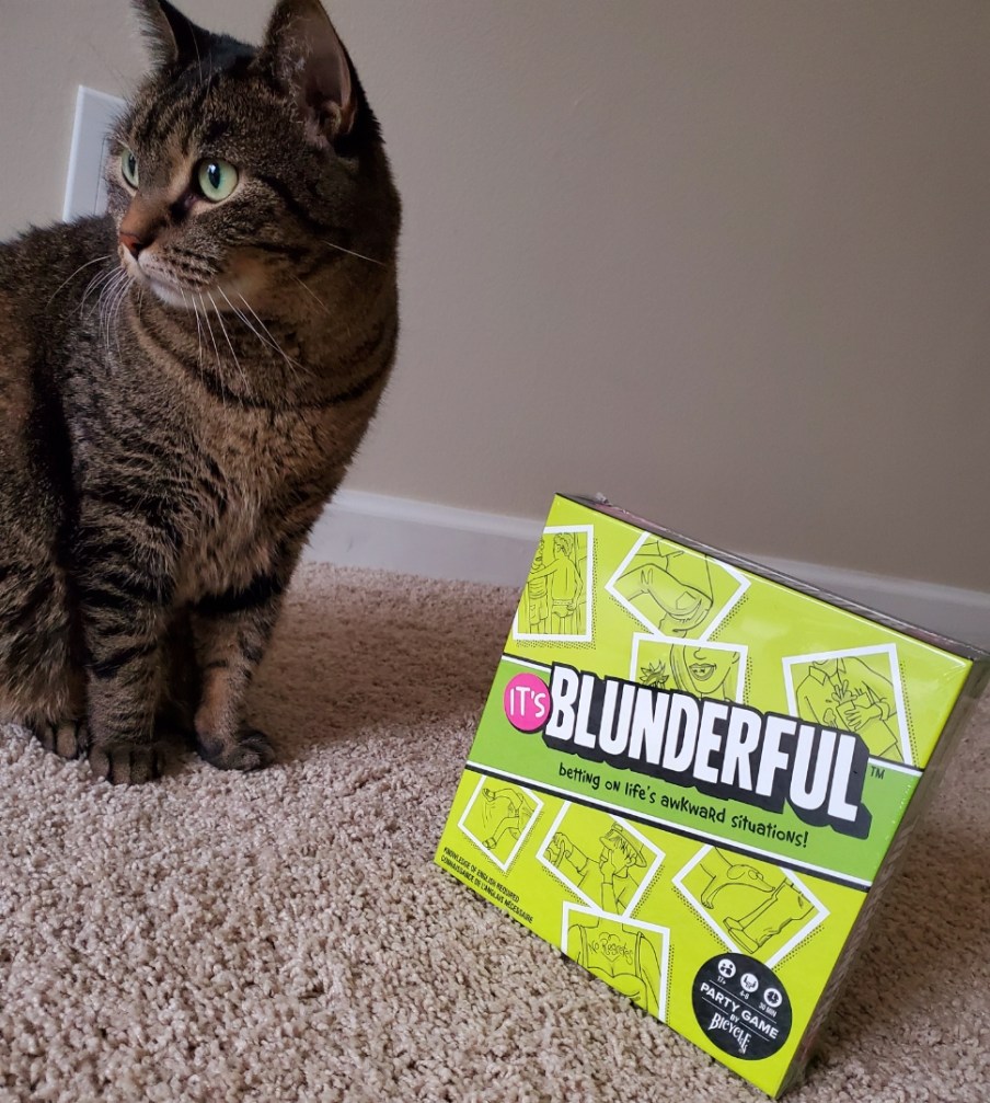 Image is a photo for It's Blunderful. The game is lime green and says on the front "betting on life's awkward situations!" My kitty, Athena is off to the left staring off into the distance. 