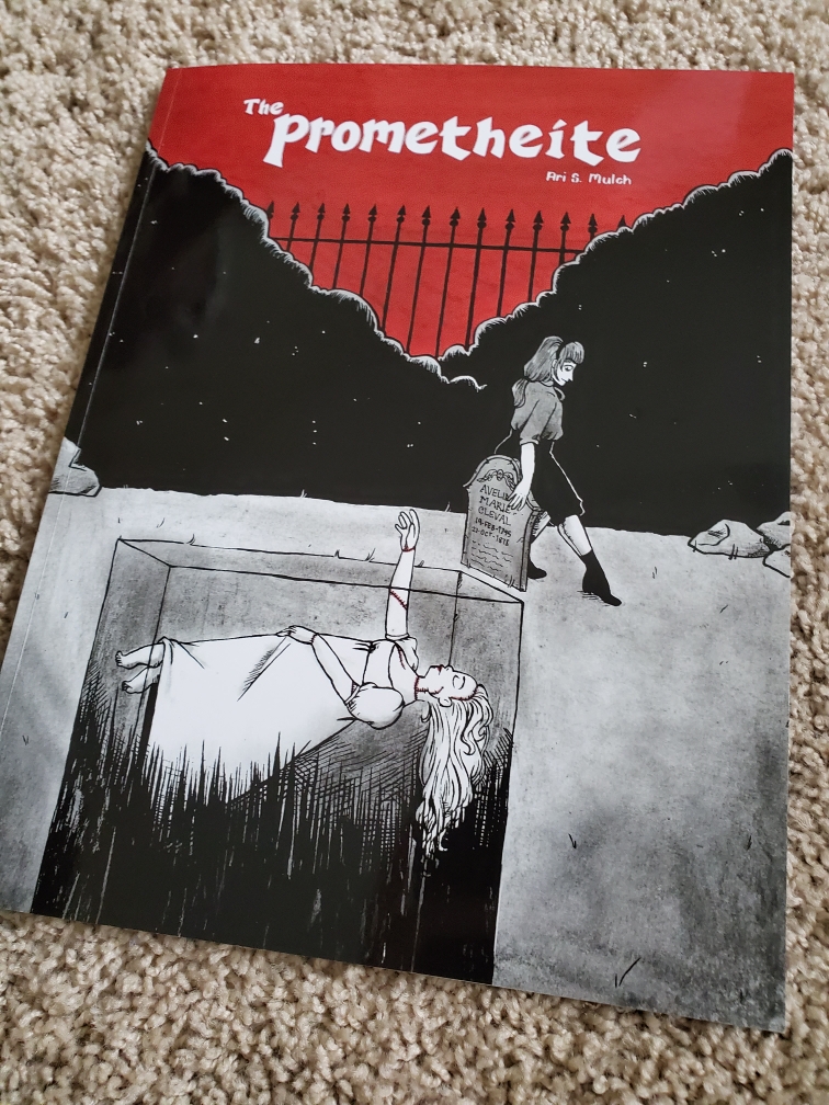 Image is a cover for The Prometheite by Ari S. Mulch. The cover is primarily red, black, and gray. There's a woman standing / slightly seated on a grave. Below the grave, you see a corpse of a woman with one hand sticking out of the grave. It looks like she was stitched together and the stitches stand out as they are red against the gray of the graveyard. 