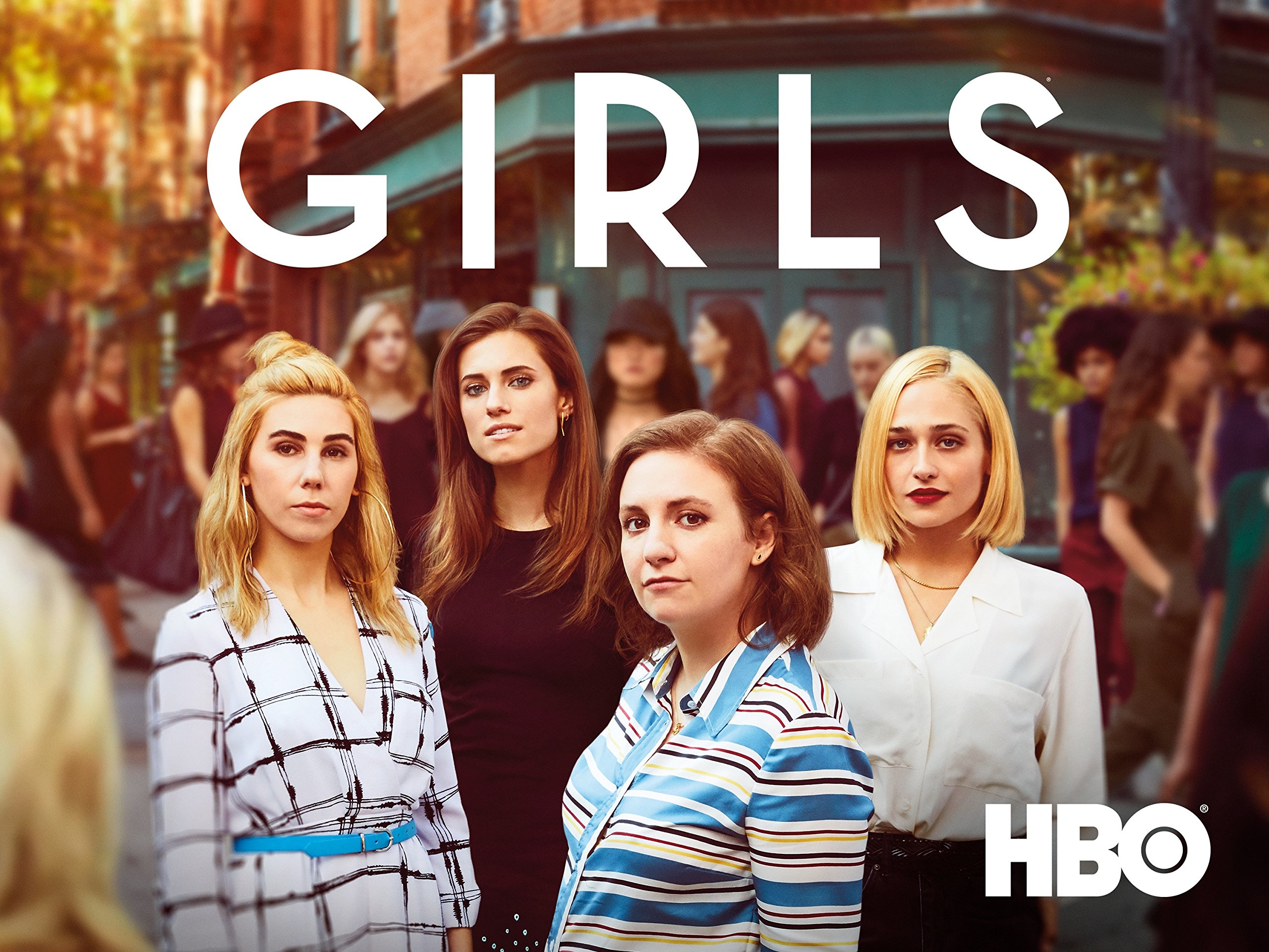 Image is a promo poster for the show Girls on HBO. It shows four women clearly in NYC. They are looking at the camera. 