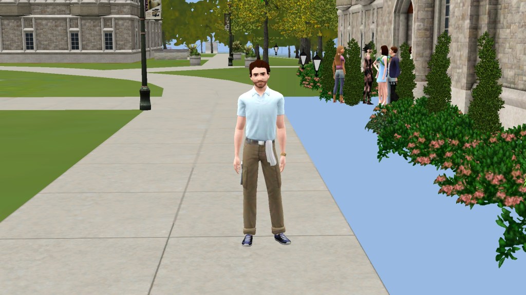 Image shows a Sim wearing a white shirt, brown pants with a dish towel hanging from his belt line. It shows the sim on a university campus. 