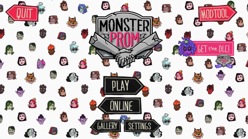 Image is a screenshot I took from the game Monster Prom. It shows various character icons in the white background. It says Quit at the top left, Modtool at the top right. The options are Play, Online, Gallery and Settings listed vertically on the main home screen. 