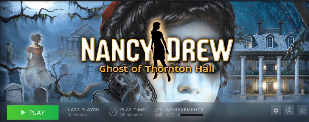 Image is a photo taken from my Steam library for the game, Nancy Drew: Ghost of Thornton Hall. It shows a woman shaded in black and glowing in gold. Behind her on the left is a ghostly woman in a red dress walking through a graveyard. Off to the right is an old mansion. 