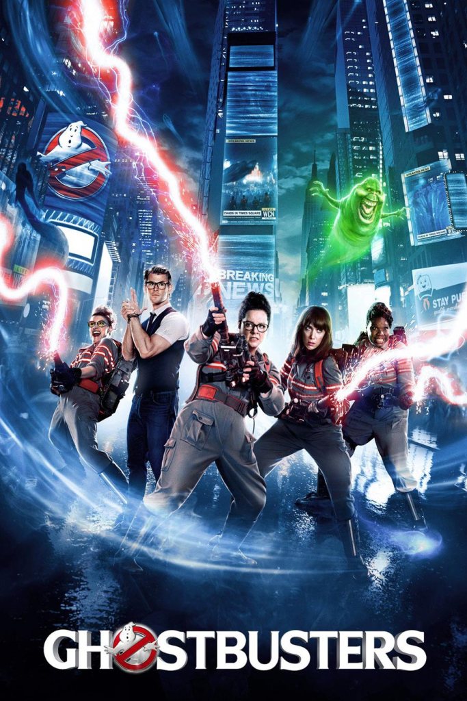 Image is a promotional poster for the movie, Ghostbusters. It shows four women and one man on the cover. There's a blonde woman on the left, a man on the left of her with a finger gun. There's a woman holding a red ghost gun and two women on the right of her. Green ghosts are flying in the background. 