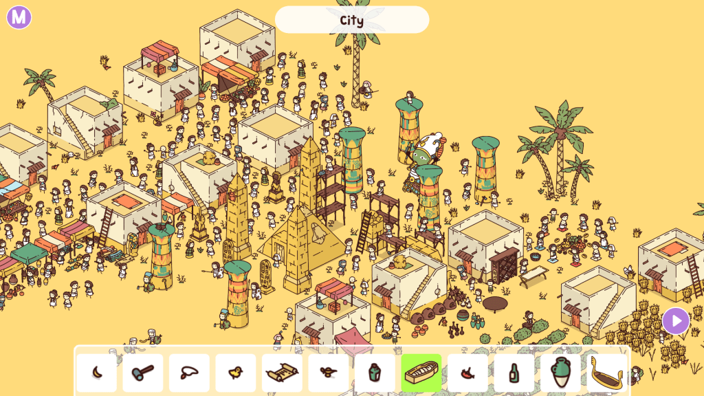 Image is a screenshot from the game, Hidden Through Time. It's a yellow background which is meant to be a desert. There are several tents in the desert with a pyramid in the middle. In the bottom of the image are twelve objects to find. One object is has a lime green background indicating that it was found already. 