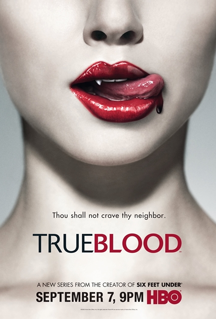 Image is a promotional poster for True Blood. It shwos a woman who is very pale, her nose and lips are shown, but not her eyes. Her lips are bright red and there's a fang that's visible. Blood is trickling out of her mouth and her tongue goes to try and lick the blood. On her neck, it says "Thou shall not crave thy neighbor." 
