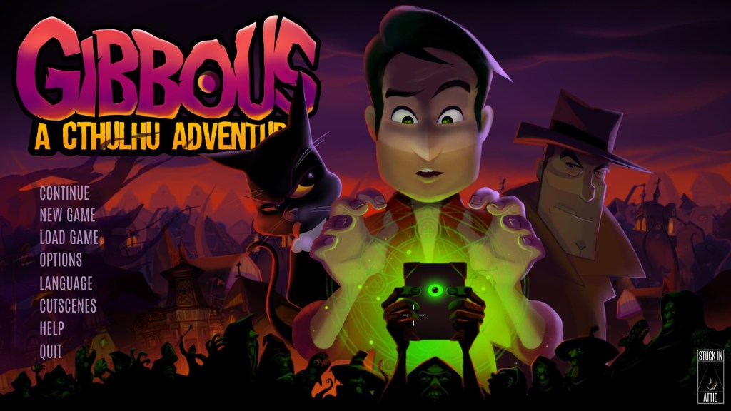 Image is a photo of a video game main screen for Gibbous - A Cthulhu Adventure. On the main screen is a black cartoon cat, a man with both of his hands over a book glowing in bright neon green and a detective wearing a top hat and a coat. On the left are the game options which say: 
Continue
New Game
Load Game
Options 
Language
Cutscenes
Help 
Quit