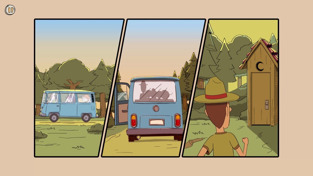 Image is another screenshot from the game. There are three side by side images. The first is a blue camper van driving. The second is the blue van stopping and a door opens and the third is a boy walking to what appears to be an outhouse. 