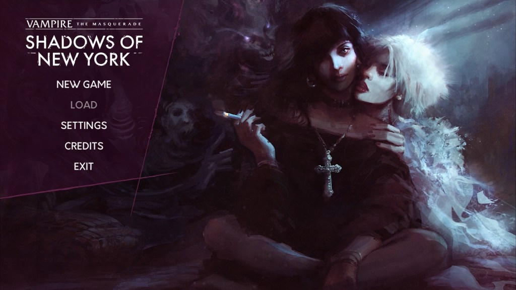 Image is a screenshot from the game, Vampire: The Masquerade Shadows of New York. It shows two women. One is sitting cross legged. In one hand, she's holding a lit a cigarette. She's wearing a cross necklace. To her left, there's a woman with short white blonde hair in a bob. She's leaning in close to her. Her eyes are closed and her red lips are slightly open. 