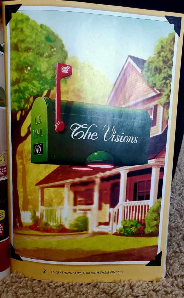 Image is a page from the graphic novel, The Vision Collection. It shows a typical suburban house with a white wrap around porch. Front and center of this image is a green mailbox that says The Visions in cursive. 