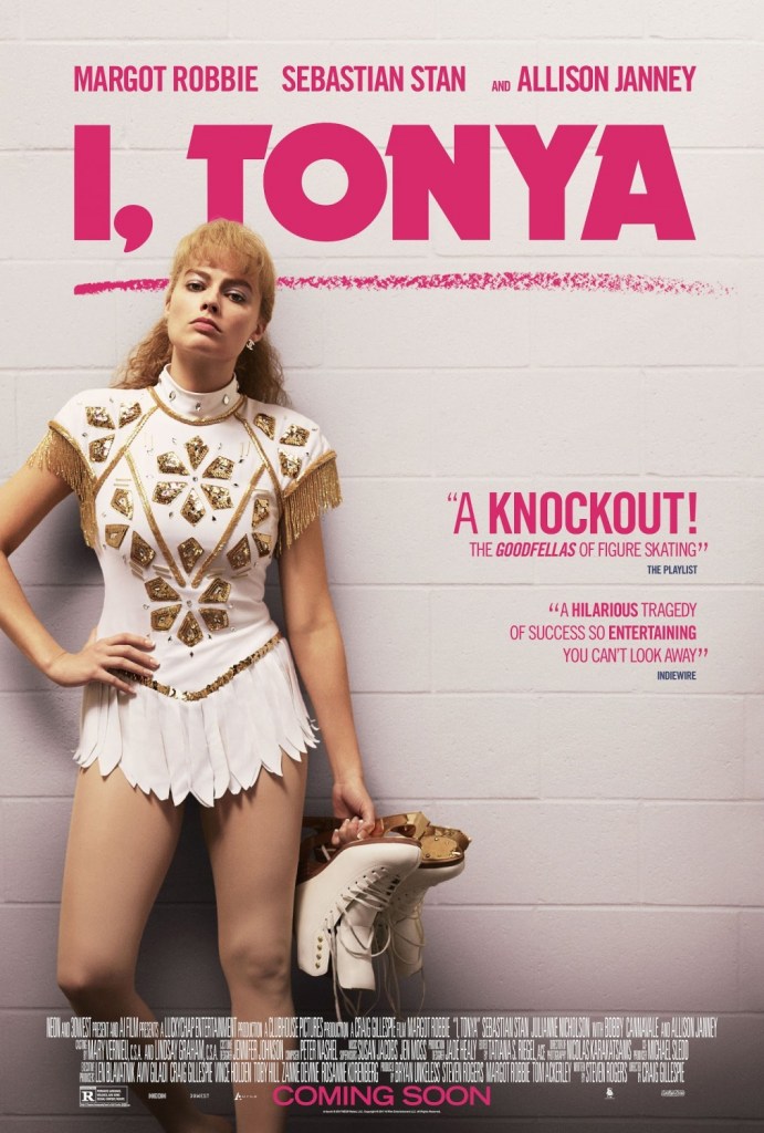 Image is a poster for the movie I,Tonya. It shows a woman looking forward, she's in a figure skating outfit and she's holding her skates in her left hand. 