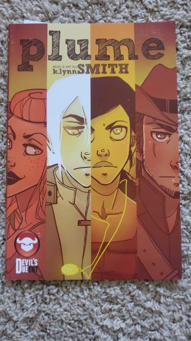 Image is the graphic novel, Plume. It's a Wild West aesthetic with four characters shown on the cover. There are two women, one man with bright white hair and a cowboy.