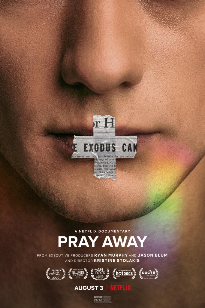 Image is a movie poster for the documentary film, Pray Away. It shows a person's face and over their mouth is the shape of a cross. It's a newspaper and in the center of it, it says Exodus in bold, black letters. 