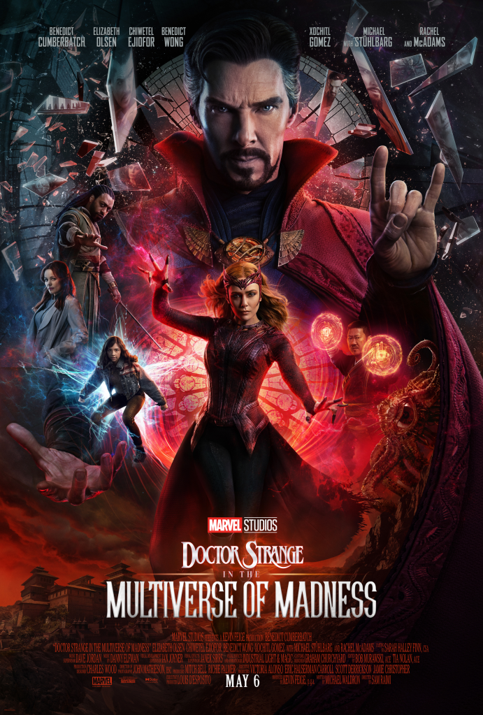 Image is a promo image of Doctor Strange in the Multiverse of Madness. It shows Doctor Strange front and center and beneath, Scarlet Witch with her hands glowing red as she lights up spells. 
