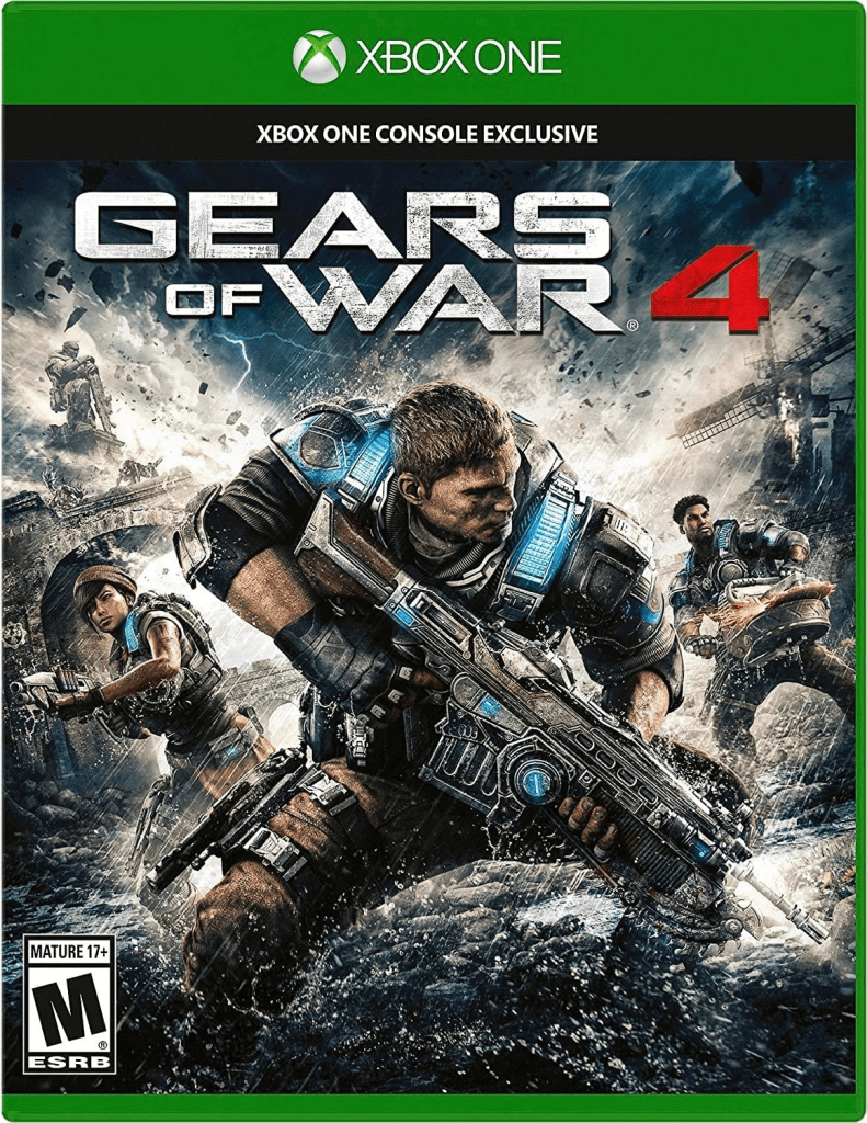 [Image shows a video game cover. It says Xbox One at the top. Towards the bottom it says, Gears of War 4 with the 4 being in a different color than the title. It shows three characters each holding guns and in an action like stance. Rating M for Mature 17+ at the bottom left corner]