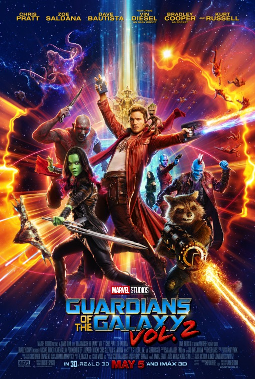 [Image is a movie poster. It shows several characters on it including Star-Lord, Gamora, Drax, Rocket Raccoon, Yondu, Mantis and Nebula. They are holding space weapons and shooting beams of energy] 