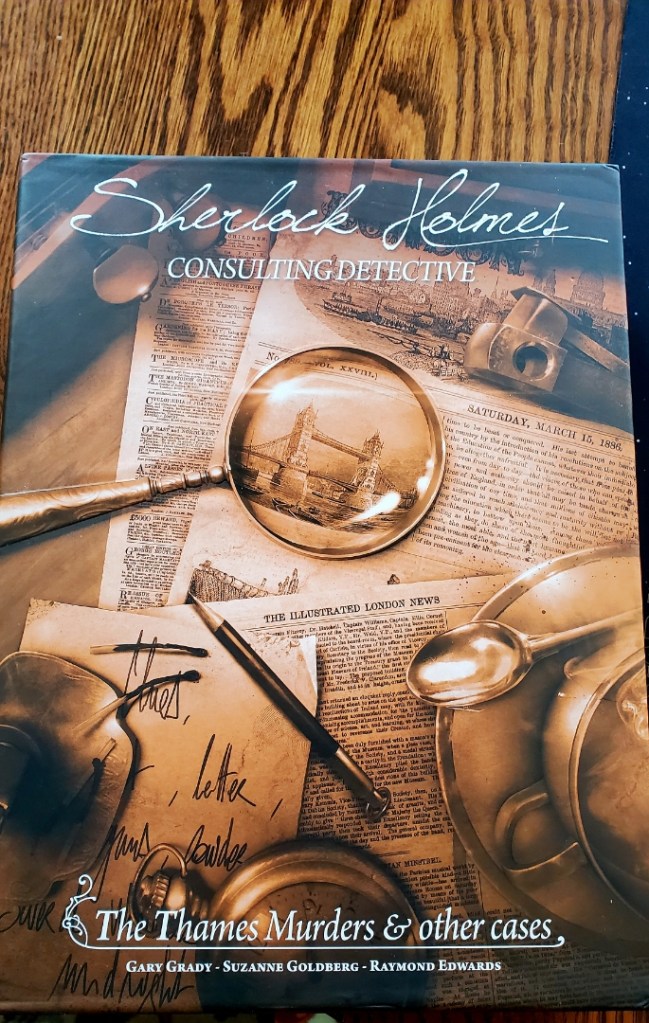 [Image features a board game. The board game is Sherlock Holmes Consulting Detective. There's a magnifying glass reading a copy of a newspaper. The bottom says "The Thames Murders & Other Cases"]