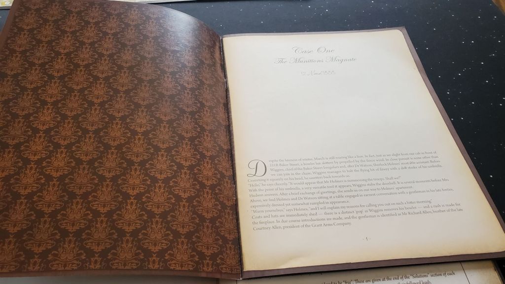 [Image shows a case file open. On the left is a page that's a print. The right says "Case One The Munitions Magnate"]