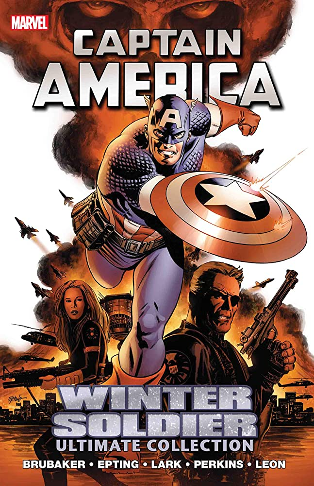 Image is a comic book cover. At the top, it has menancing eyes with the word Captain America. It shows a man with a red, white, blue shield with a star in the middle. Below him are two people, a woman holding a weapon and a man holding a pistol