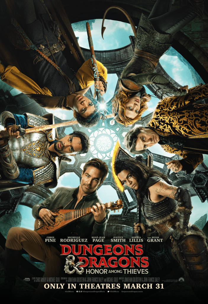 [Image is a movie poster for Dungeons & Dragons Honor Among Thieves. It shows a group of 6 people gathered around in a circle. One is holding a guitar, the other is holding a sword. Someone is holding a staff. Someone is holding a slingshot. One person is holding an axe]