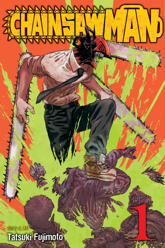 Image is a manga cover called "Chainsaw Man #1" It feature a man in a suit and black dress slacks chainsawing and stepping over people]