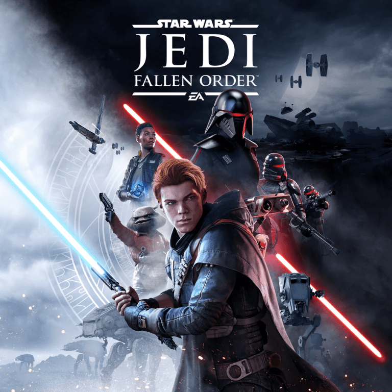 [Image is a video game poster for Jedi Fallen Order. It shows Cal holding his blue light saber with a red light saber in the background.]