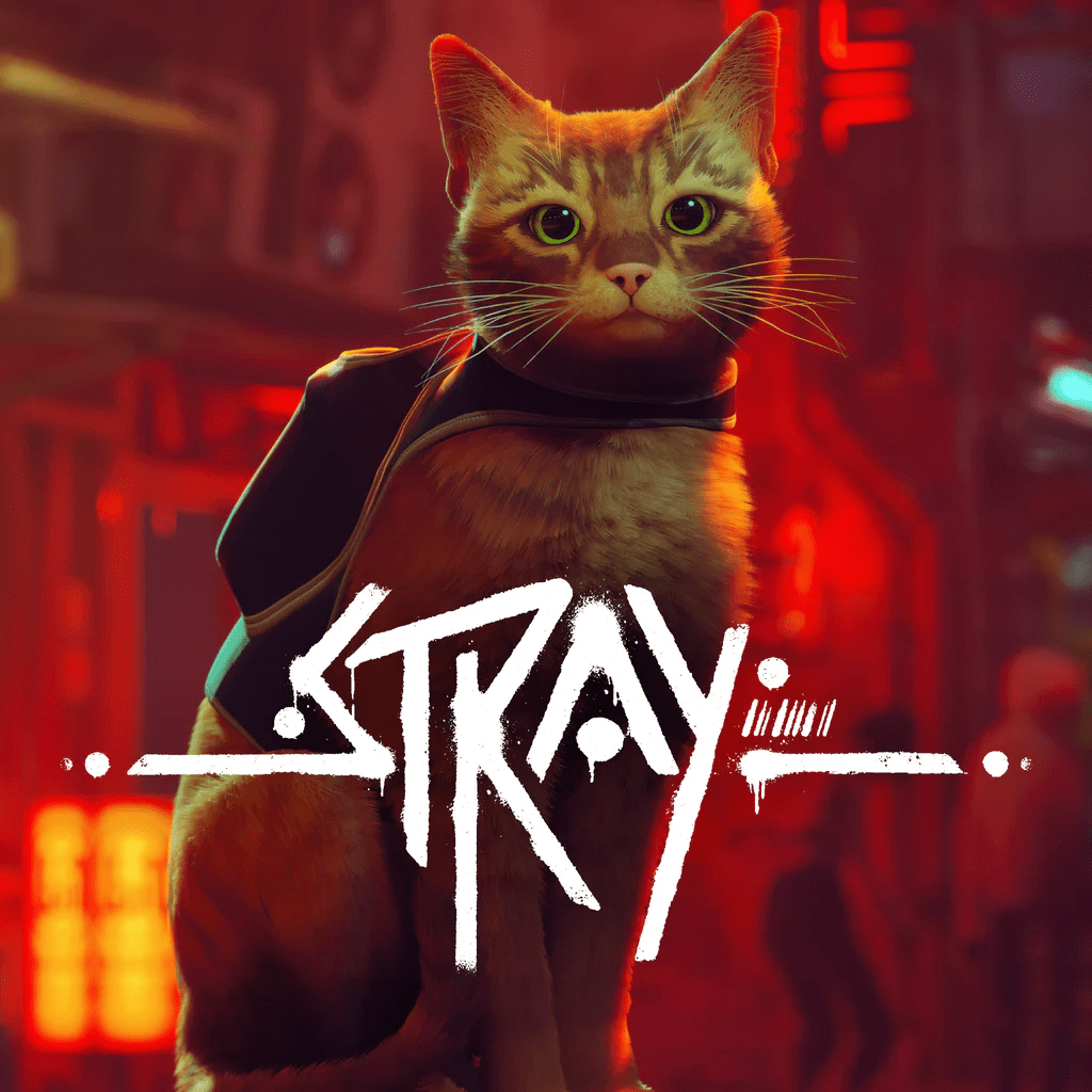 [Image is an image from the game Stray. It shows an orange kitty looking straight ahead with a harness on it's back. Towards the bottom of the image, it says Stray in white grafitti type font]