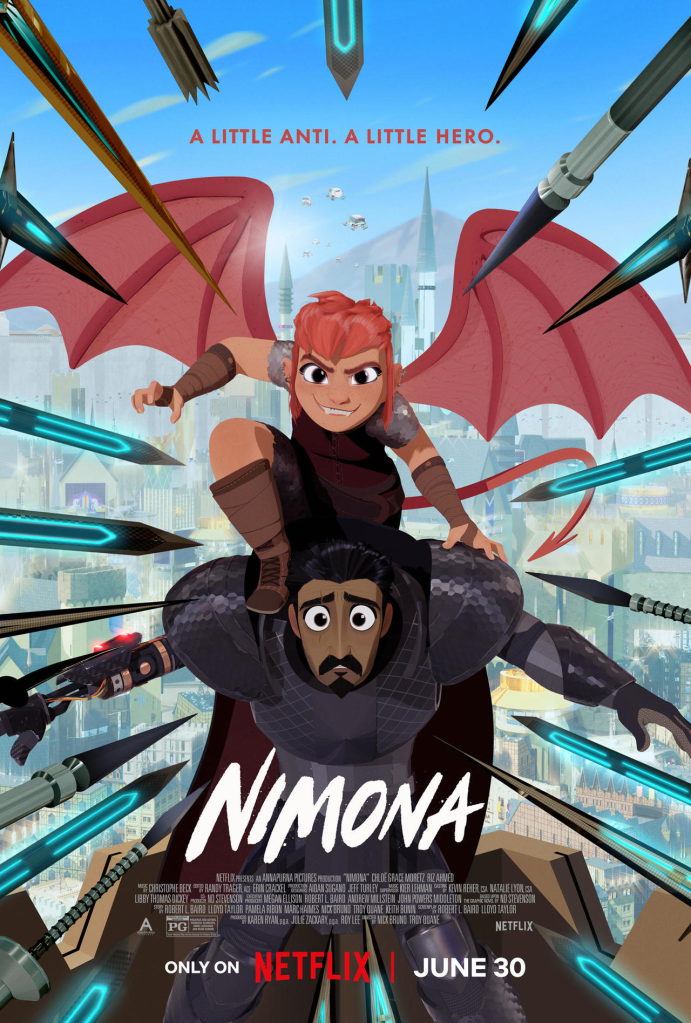 [mage is a movie poster. It shows a knight who looks scared. On his back, it shows a changeling on his back with red dragon wings and a red dragon tail. It looks like arrows are pointed at them. It says A Little Anti A Little Hero and then it says Nimona and Netflix at the bottom]