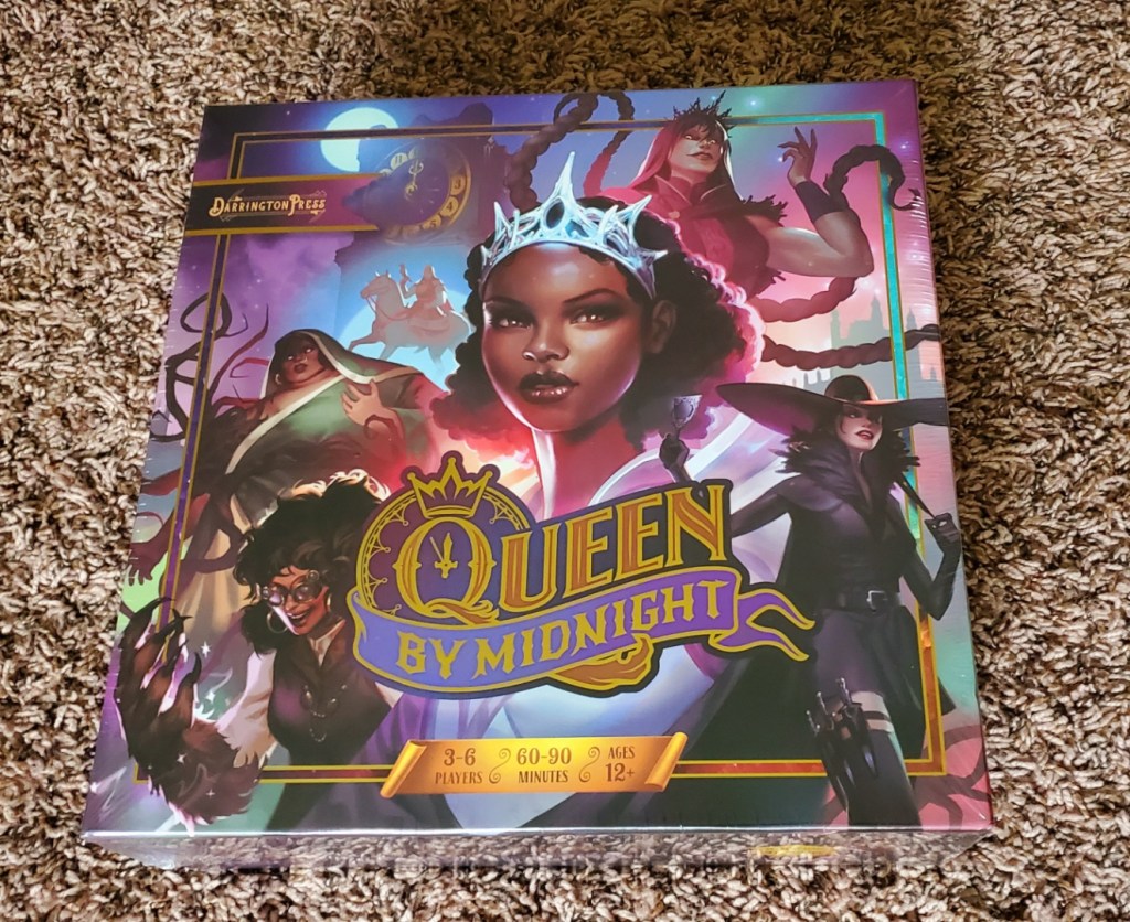 [Image is a board game. It shows several fantasy femme characters. Lower down it says "Queen by Midnight" and the Q has a backdrop of a clock]