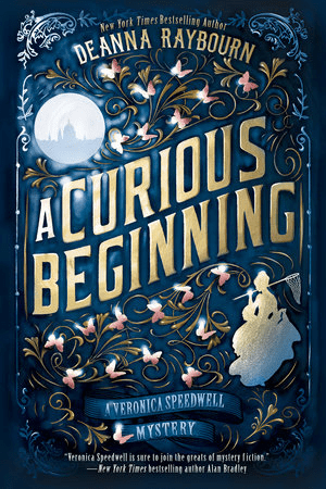 [Image is a book cover. It shows a lot of whimsical flowers. There's a crystal ball with a castle. At the bottom right there is a woman in a Victorian dress holding a butterfly net. The book is called A Curious Beginning A Veronica Speedwell Mystery]
