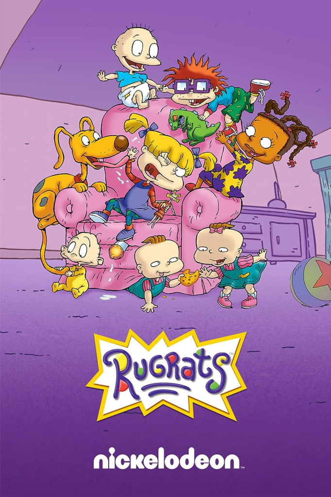 [Image is a poster for the Nickelodeon TV series Rugrats. It features 7 babies and a puppy on a pink chair fighting over space on the chair.]