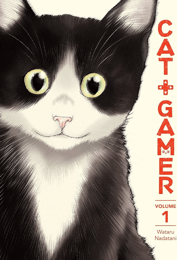 Image is a manga cover. There's a close up of a black and white tuxedo kitty. Written vertically next to the cat it says "Cat Gamer" Between cat and gamer is a four arrows in which you would find on a keyboard computer. In the M of gamer, there's a white kitty staring. 