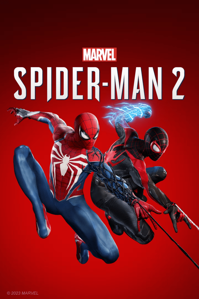 [Image is a video game cover. It says Marvel Spider-Man 2. On the left is Peter Parker in the traditiona Spider-Man look. On the right, there's Miles Morales in the black and red spider suit.]