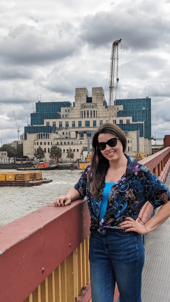 Image is a picture of me in London. I'm wearing the Mollymauk button up shirt that Critical Role released. 