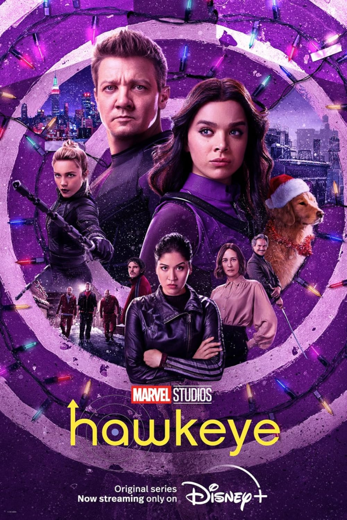 Image is a poster from the TV show, Hawkeye. It shows Clint and Kate as front and center. To the left is Yelena. Underneath is the track suit gang who wears red track suits. There's Echo in the center below Kate and Clint. There's Kate's mom and finally Lucky, the golden retriever wearing a Christmas hat. 